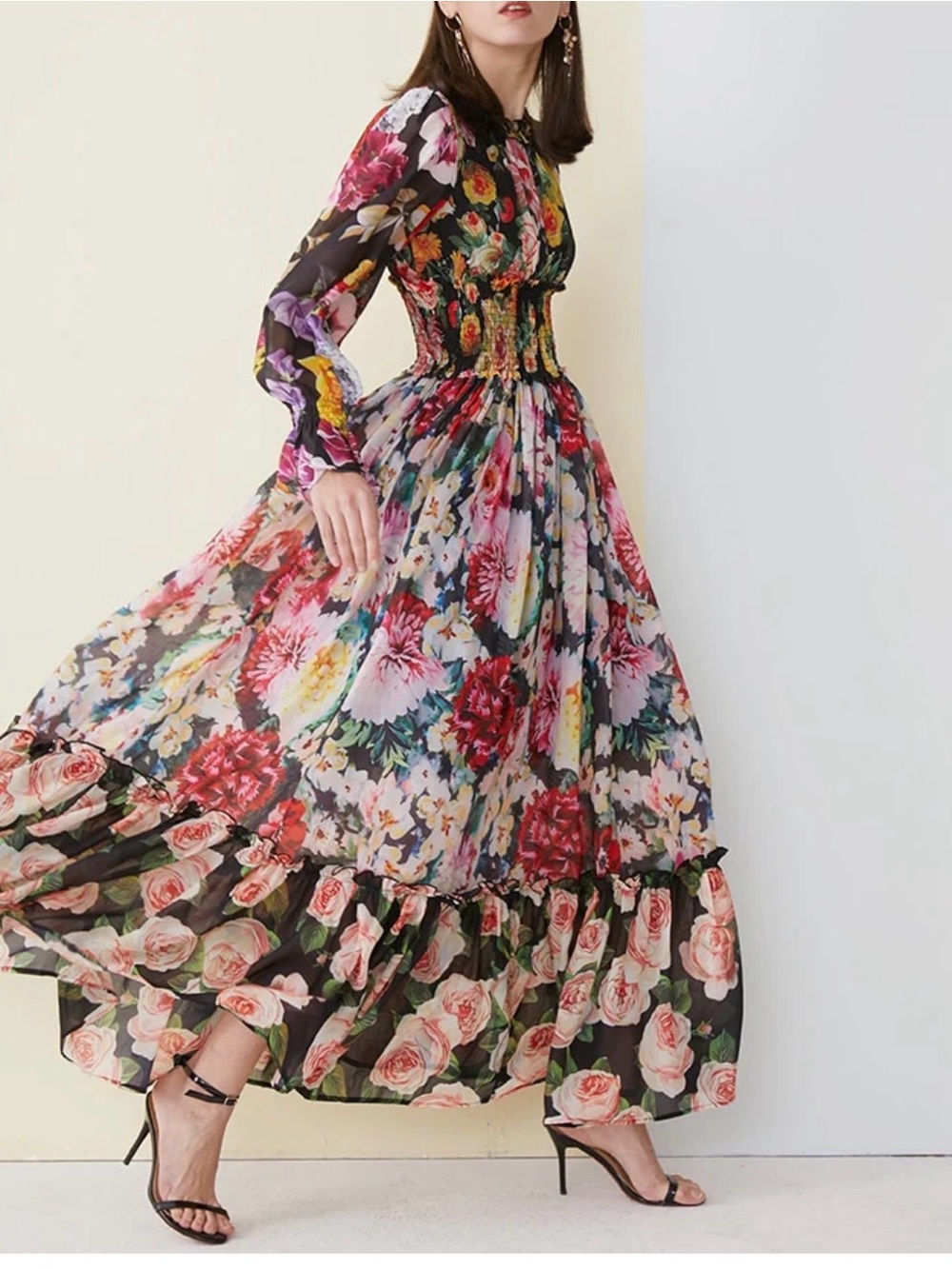 Dalia Macphee VIBRANT Floral Chiffon Smocked Waist Maxi Dress MEDIUM GORGEOUS - Picture 9 of 16